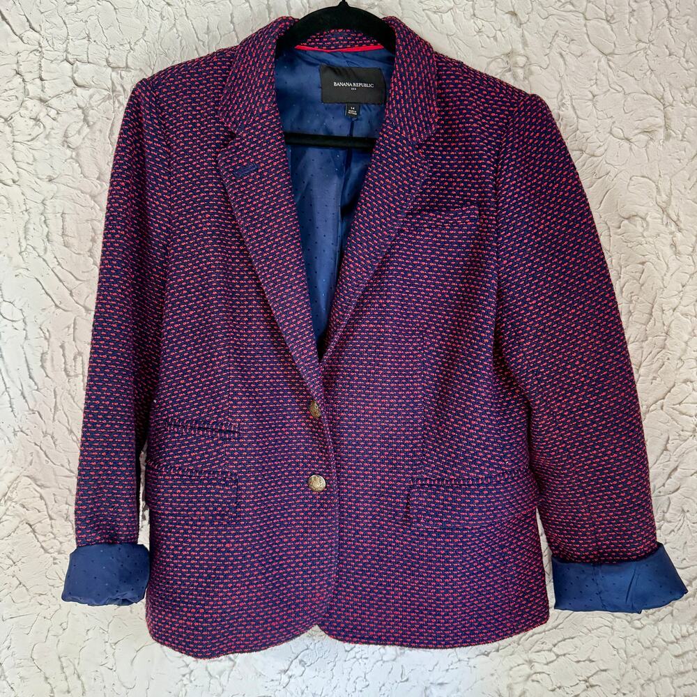 Banana Republic Navy Pink Textured Blazer Size 14 Women's Tailored Office Chic